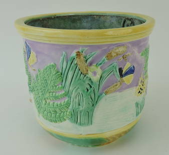 Majolica butterfly, water lily, and fern: cachepot with pink ground, includes fitted metal liner, 6"