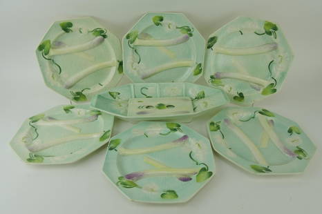 French majolica 8 piece asparagus: set with server and strainer, 15", and 6 - 9 1/2" plates