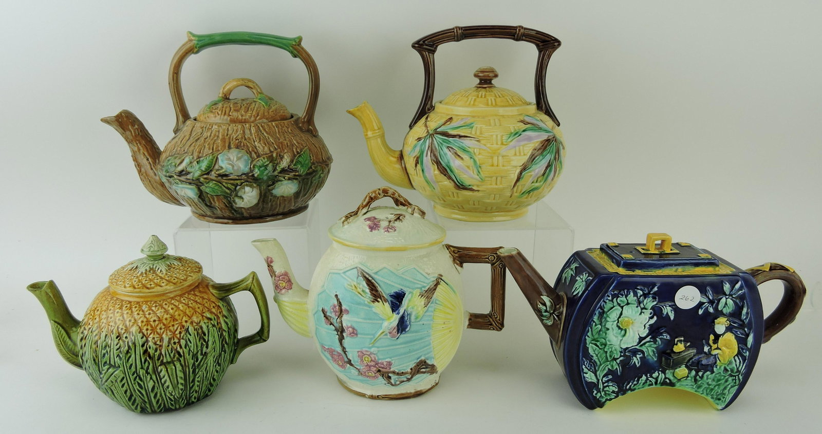 Majolica lot of 5 teapots and tea kettles, (1 of 1)