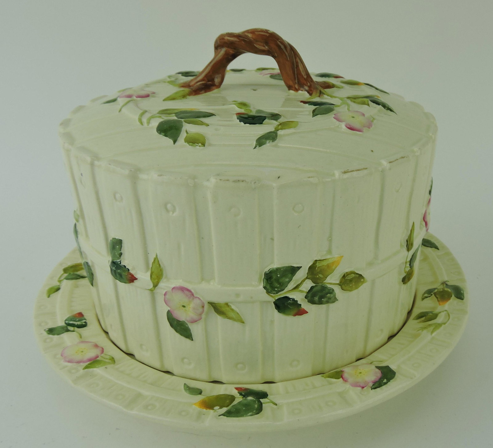 George Jones albino majolica picket: fence and blossom cheese keeper