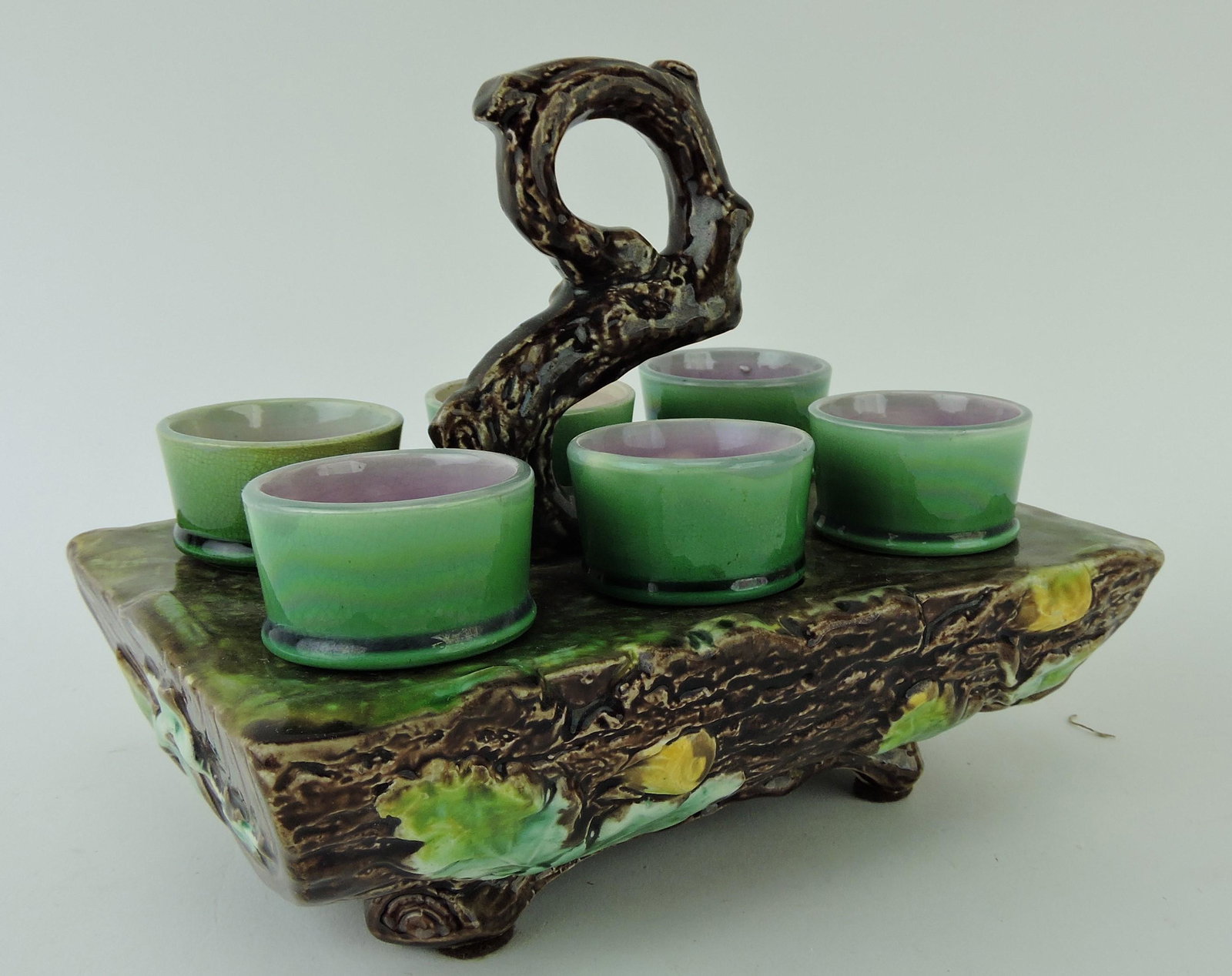 Majolica rustic egg cup holder: .
