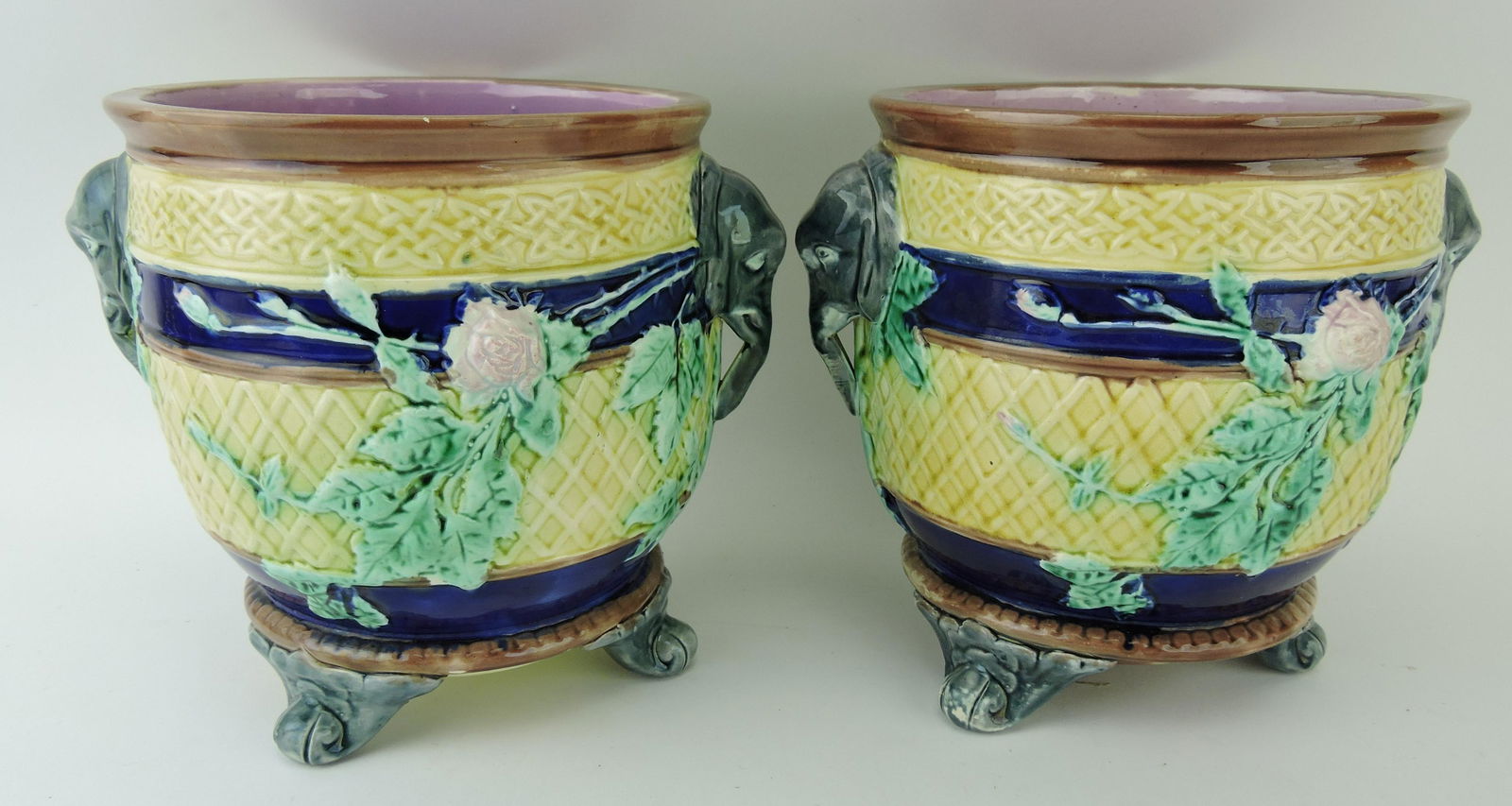 Majolica pair of cobalt cachepots with (1 of 2)