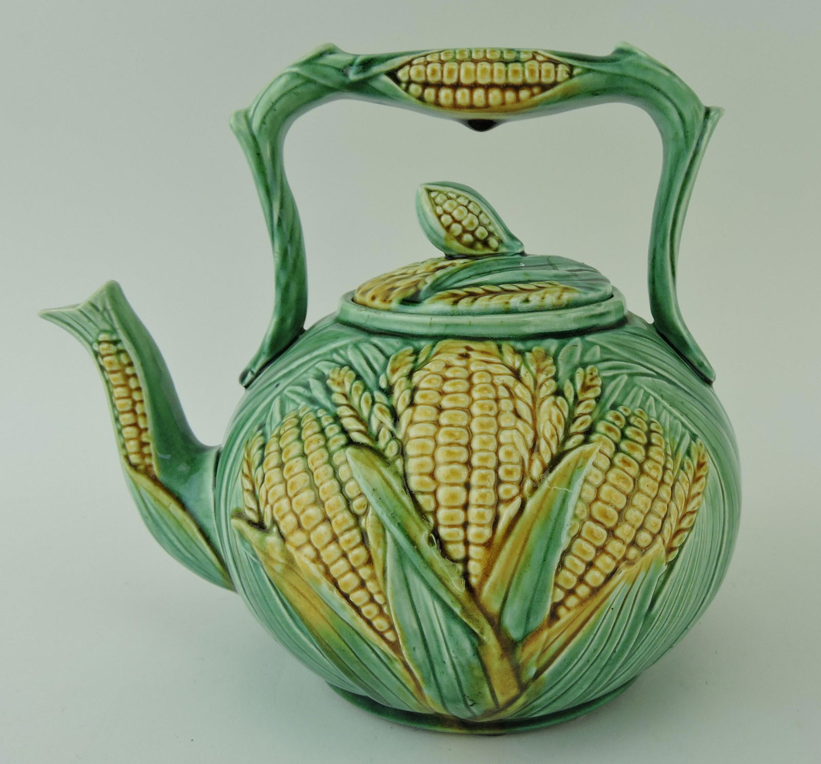 Majolica corn tea kettle, 9" (1 of 1)