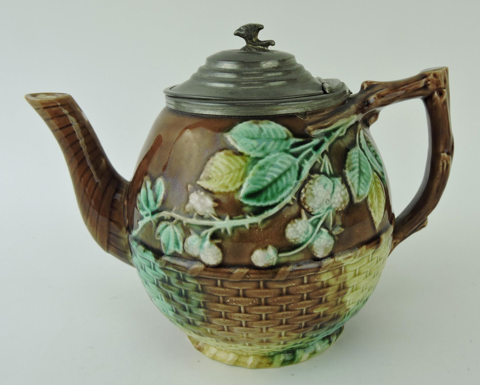 Majolica blackberry and wicker 6": teapot with pewter top