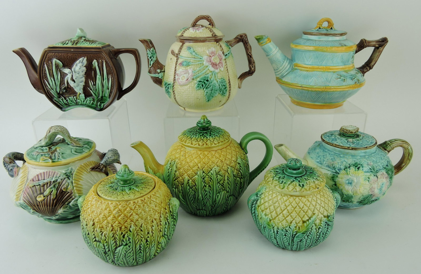 Majolica lot of 5 teapots and 3 sugars, (1 of 1)