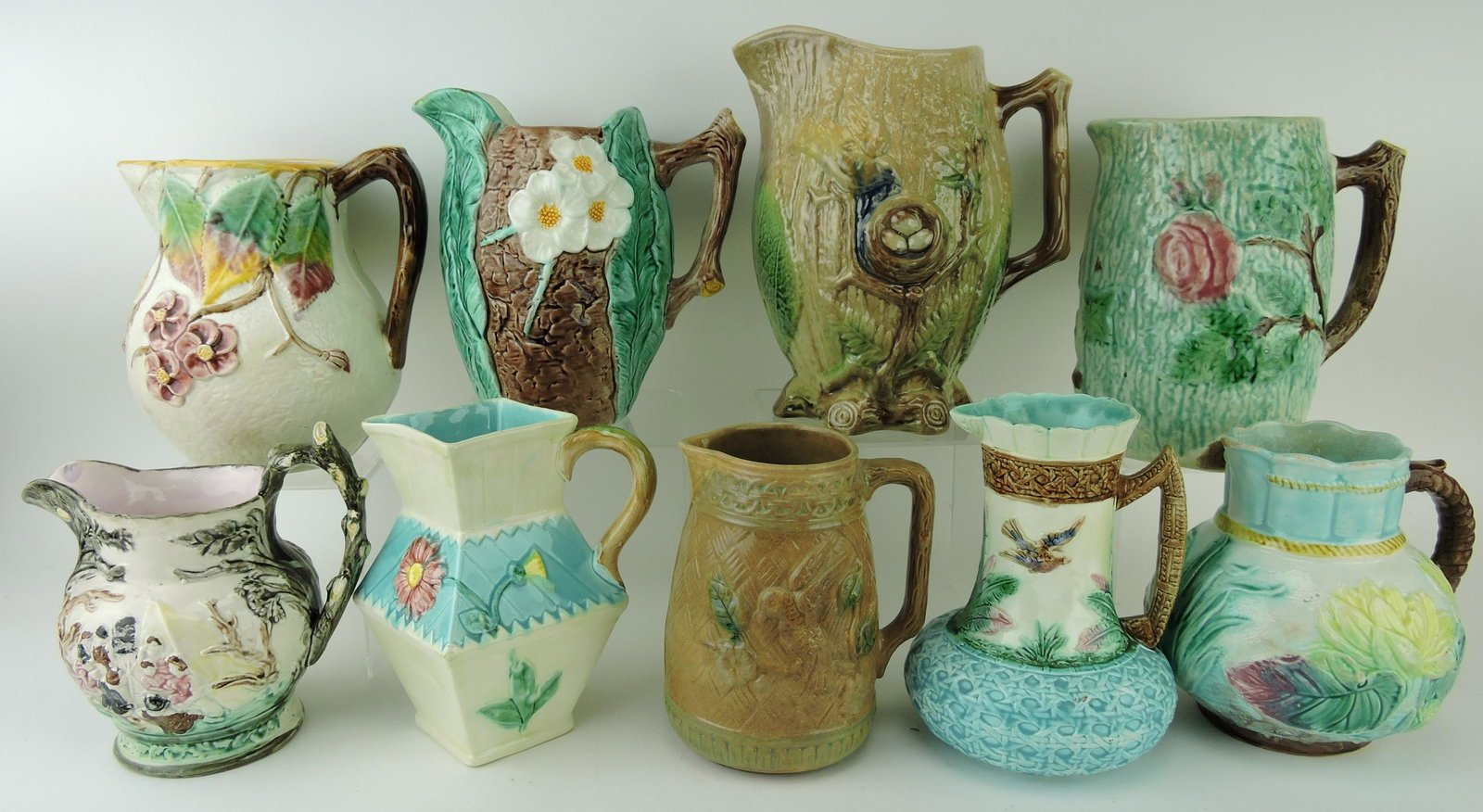 Majolica lot of 9 pitchers, 7 to 9 1/2", (1 of 1)