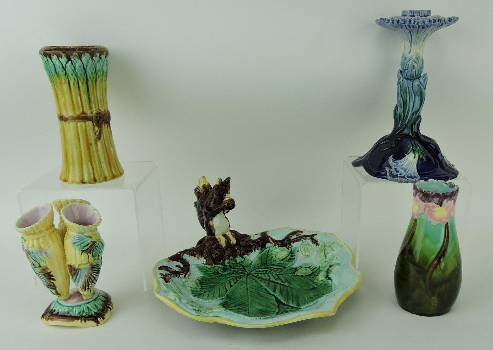 Majolica lot of 5 pieces: squirrel tray,: WS & S candle holder, 3 vases; various condition