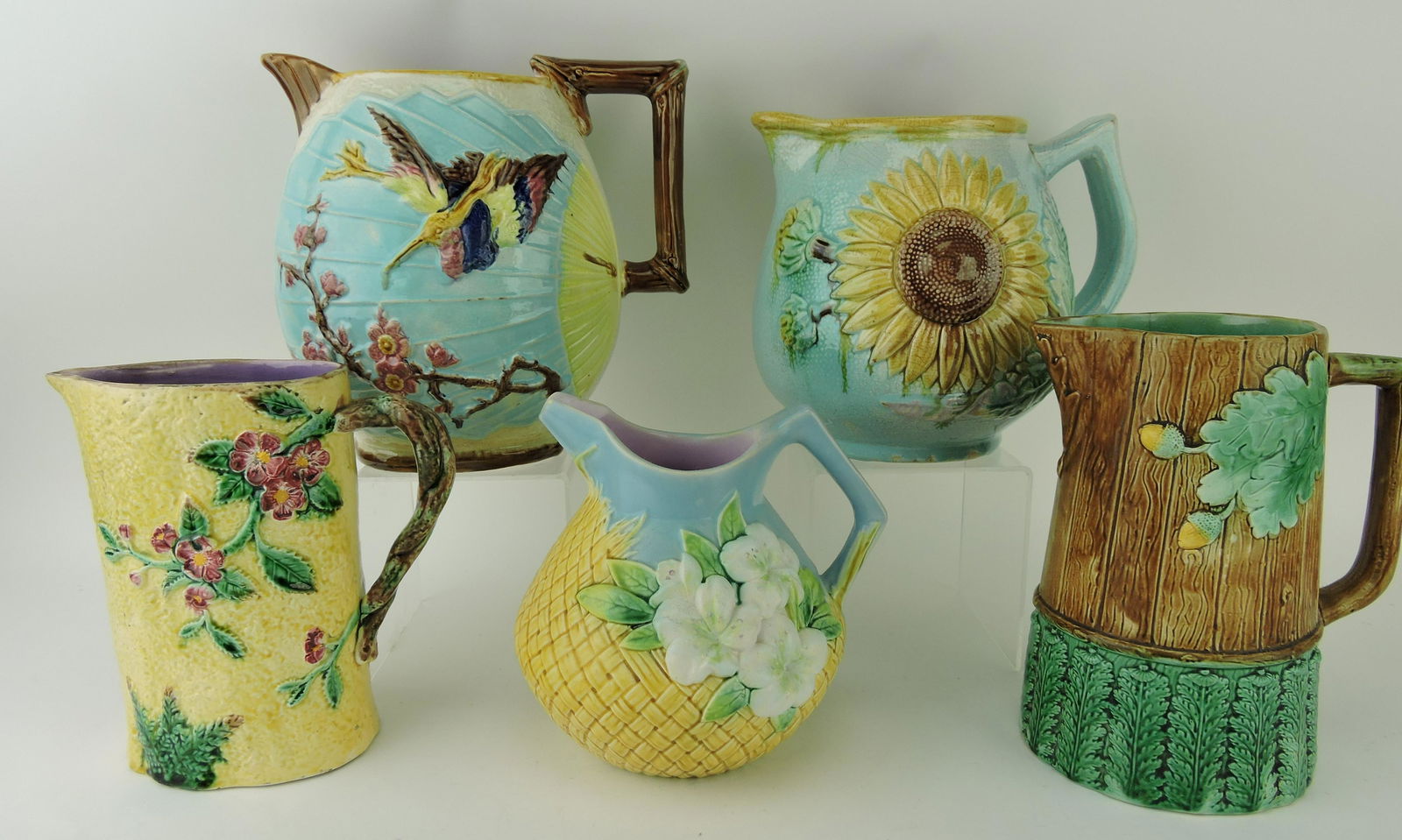 Majolica lot of 5 pitchers, 7 1/2 to 9 1/2"; (1 of 1)