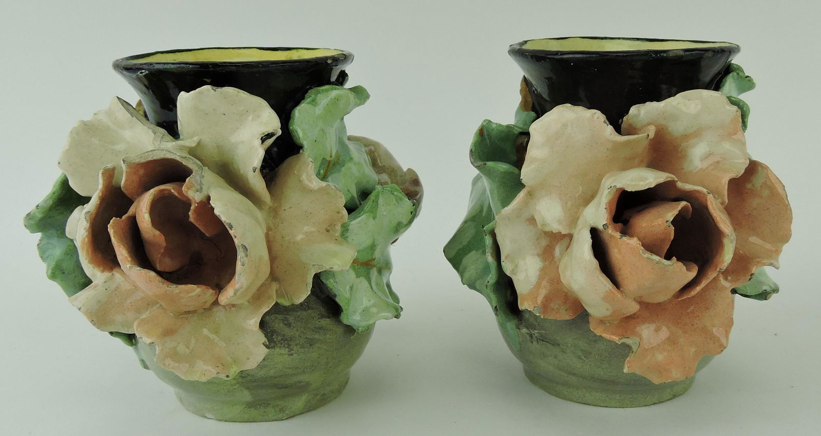 French majolica Barbotine pair of 5": vases with applied flowers