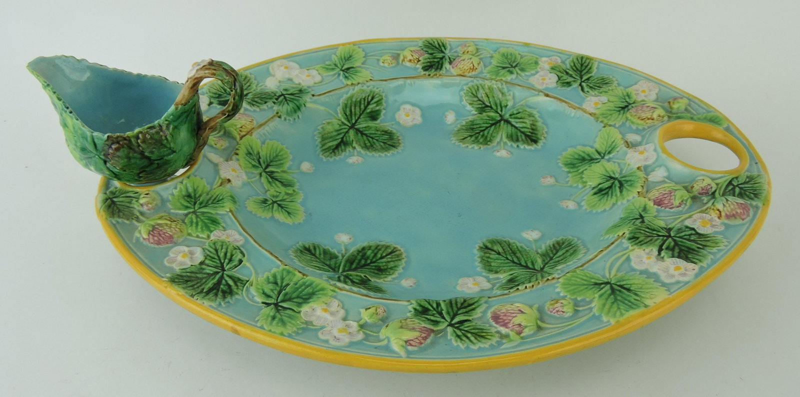 George Jones majolica 14 1/2" strawberry: platter with creamer (lacking sugar)