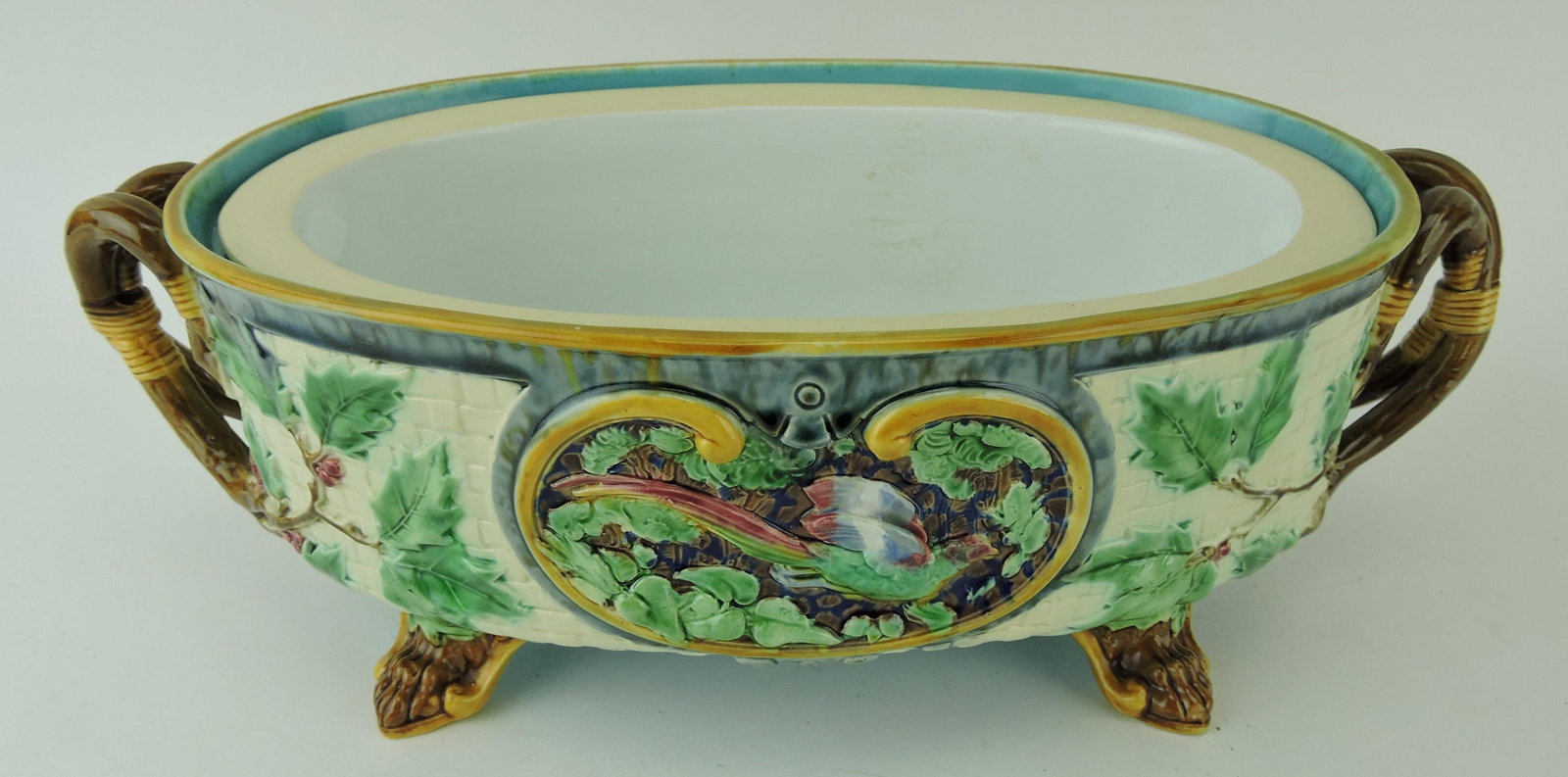 Minton Majolica gun dog tureen base and: liner, no lid, 14 1/4"l