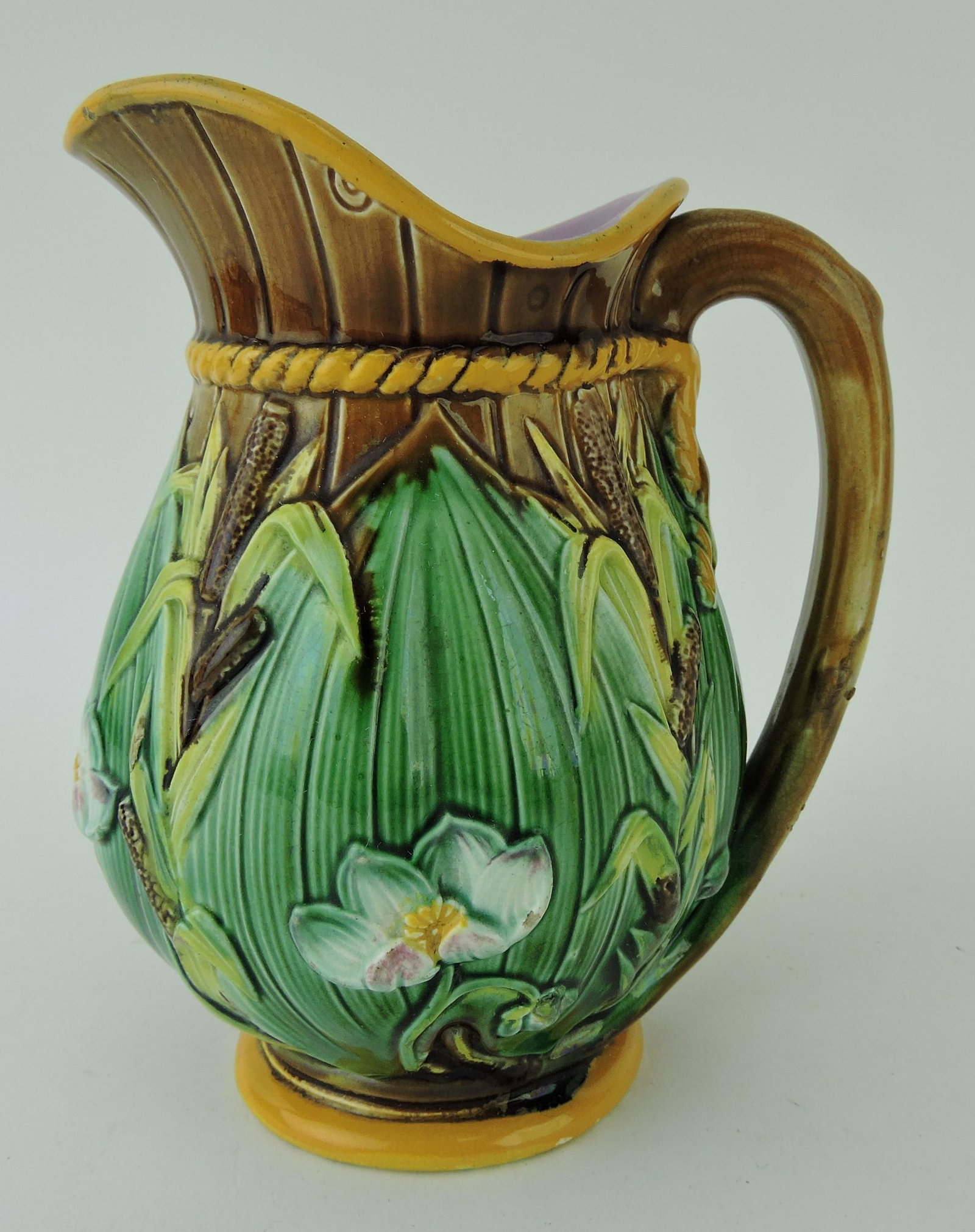 George Jones majolica bullrush pitcher,: 6 1/2", hairline; Betsy & Rick Porter Collection