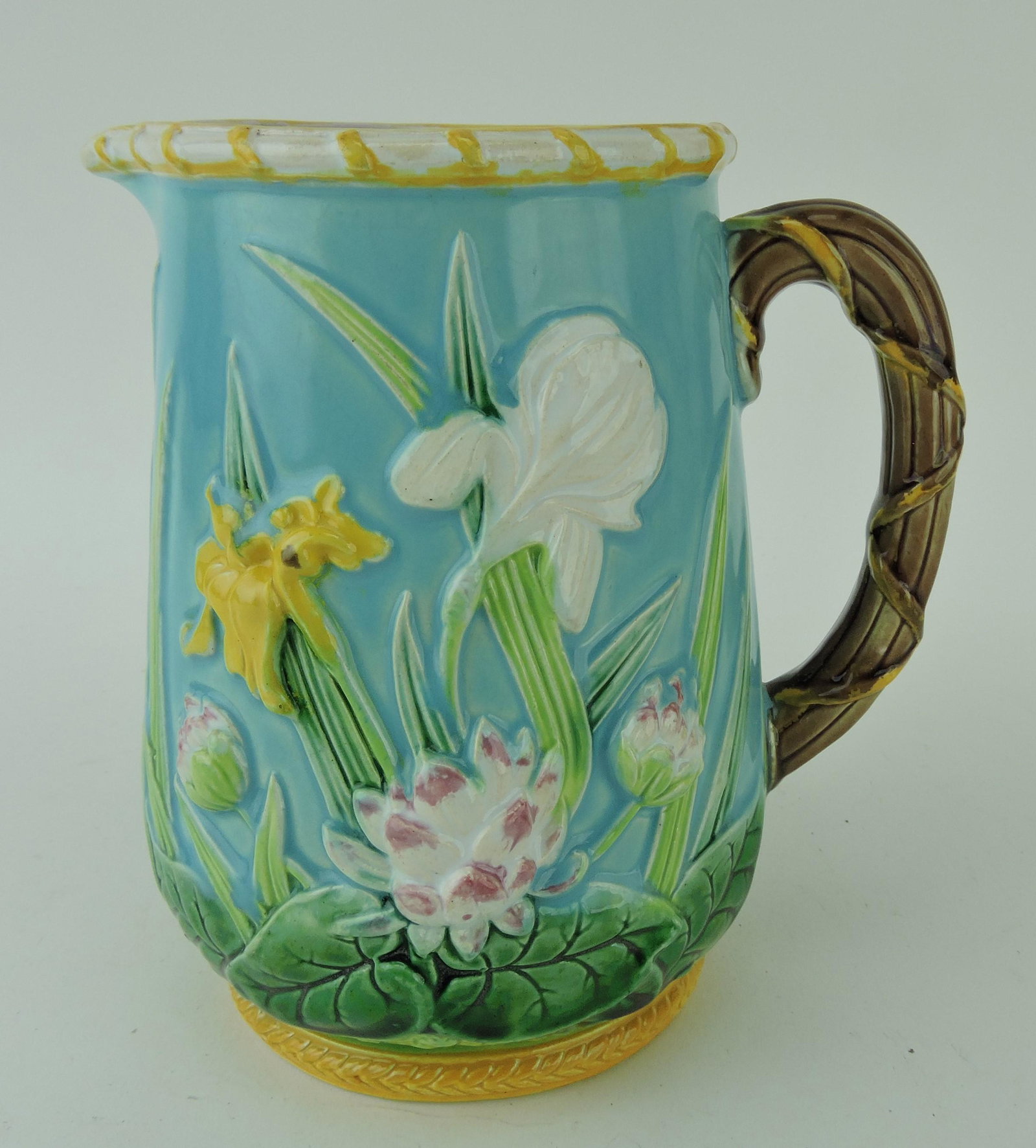 George Jones majolica water lily and: iris jug, 6 1/4"