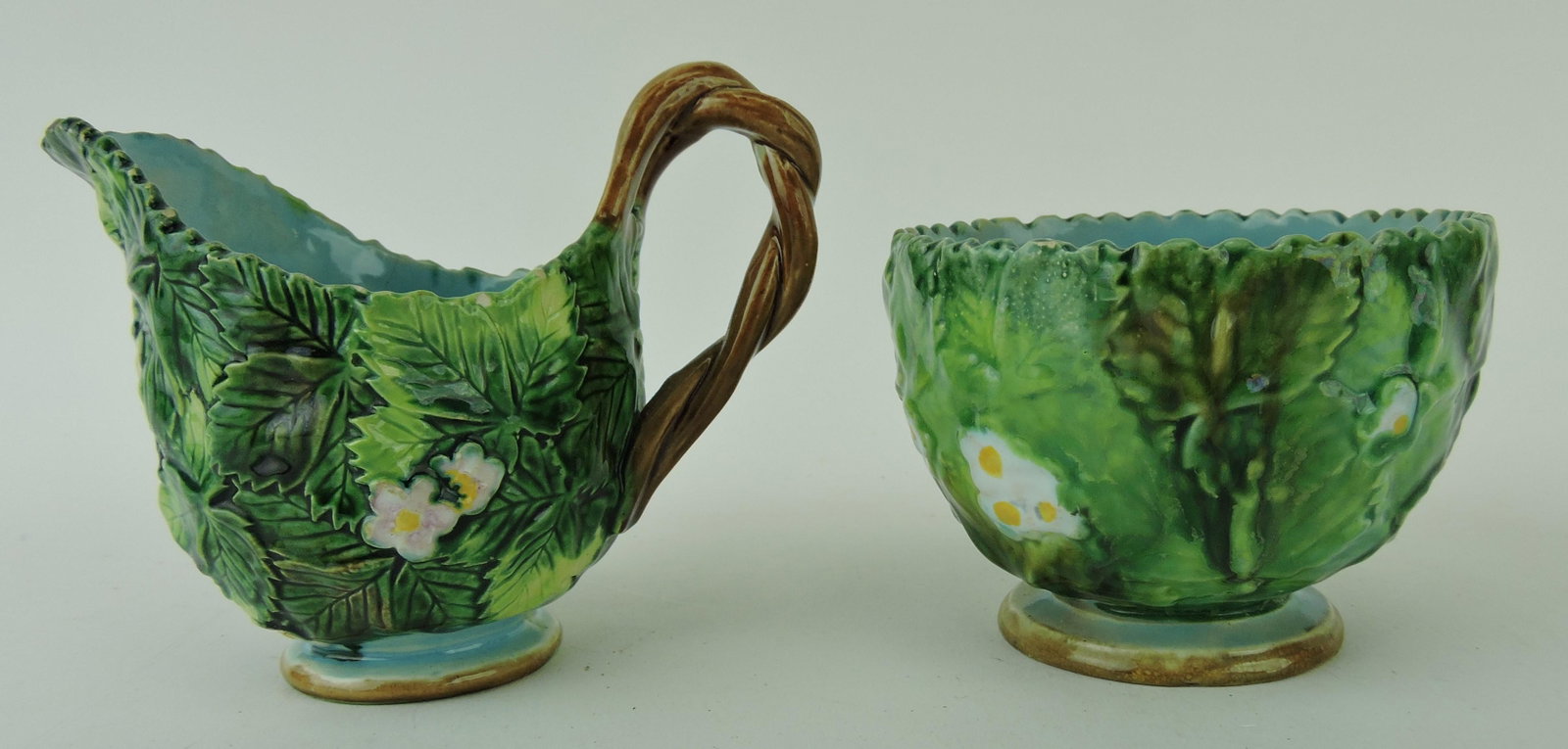 George Jones majolica strawberry leaf: and blossom cream & sugar
