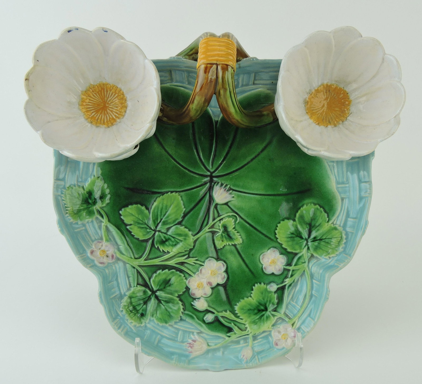 George Jones majolica strawberry: server with water lily flowers forming cream and sugar, 11", professional rim repair