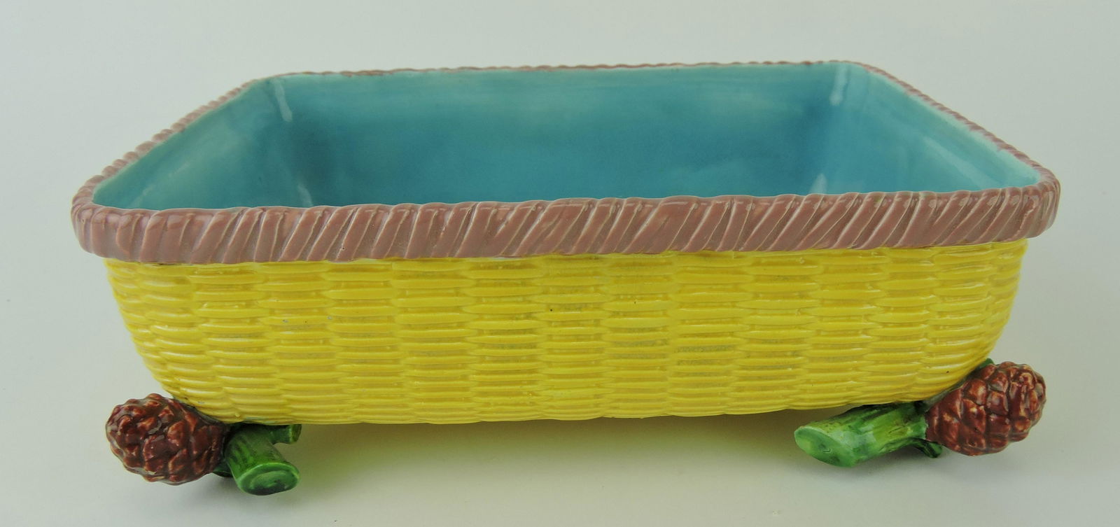 Royal Worcester majolica rectangular: wicker basket server with pinecone feet, 8"x6"