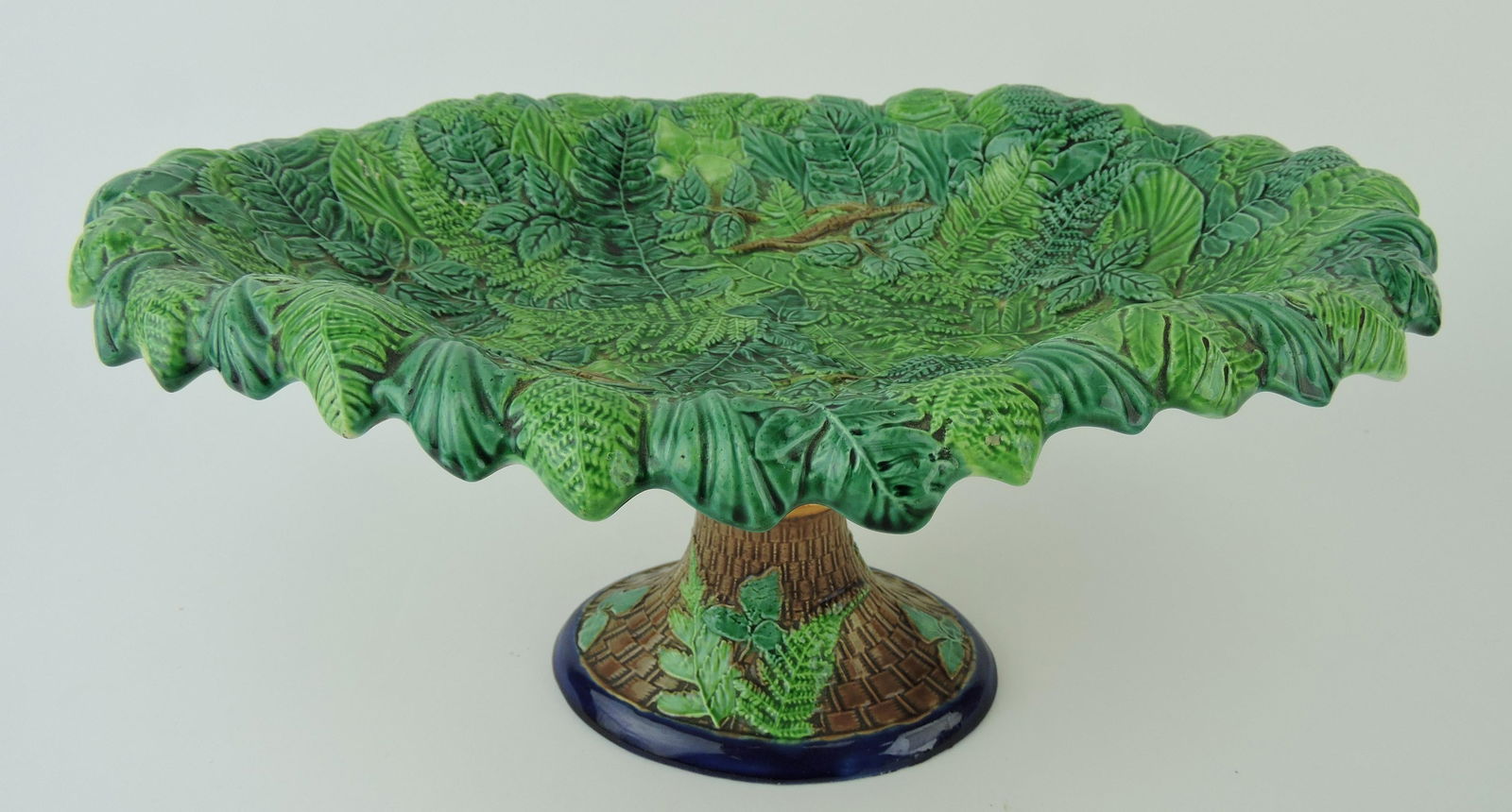 Majolica oval compote with overlapping: ferns, leaves, and vine, 12"w, 6"h