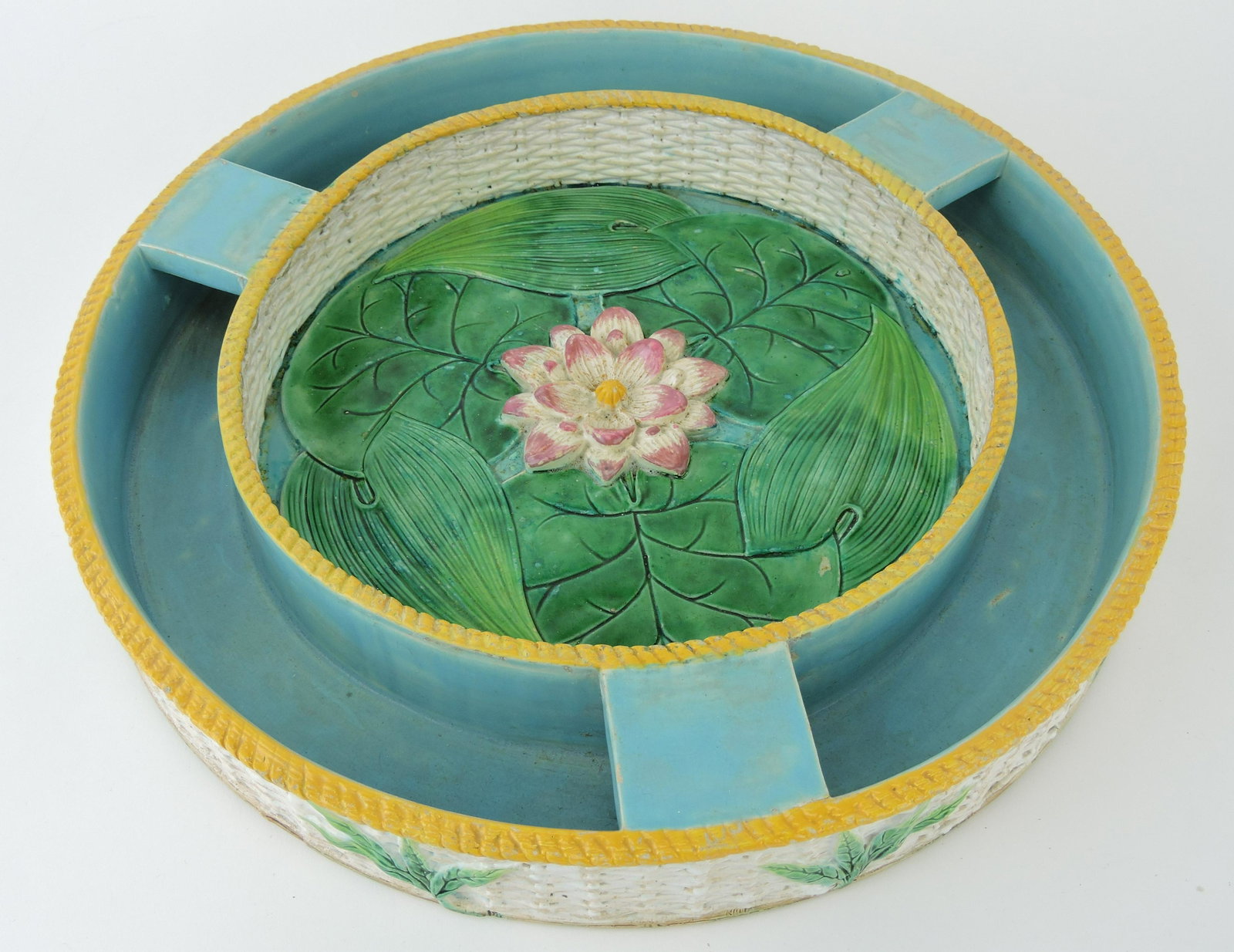 George Jones majolica wicker and: water lily flower bowl with trough rim, 15"d, 2"h, professional surface repair