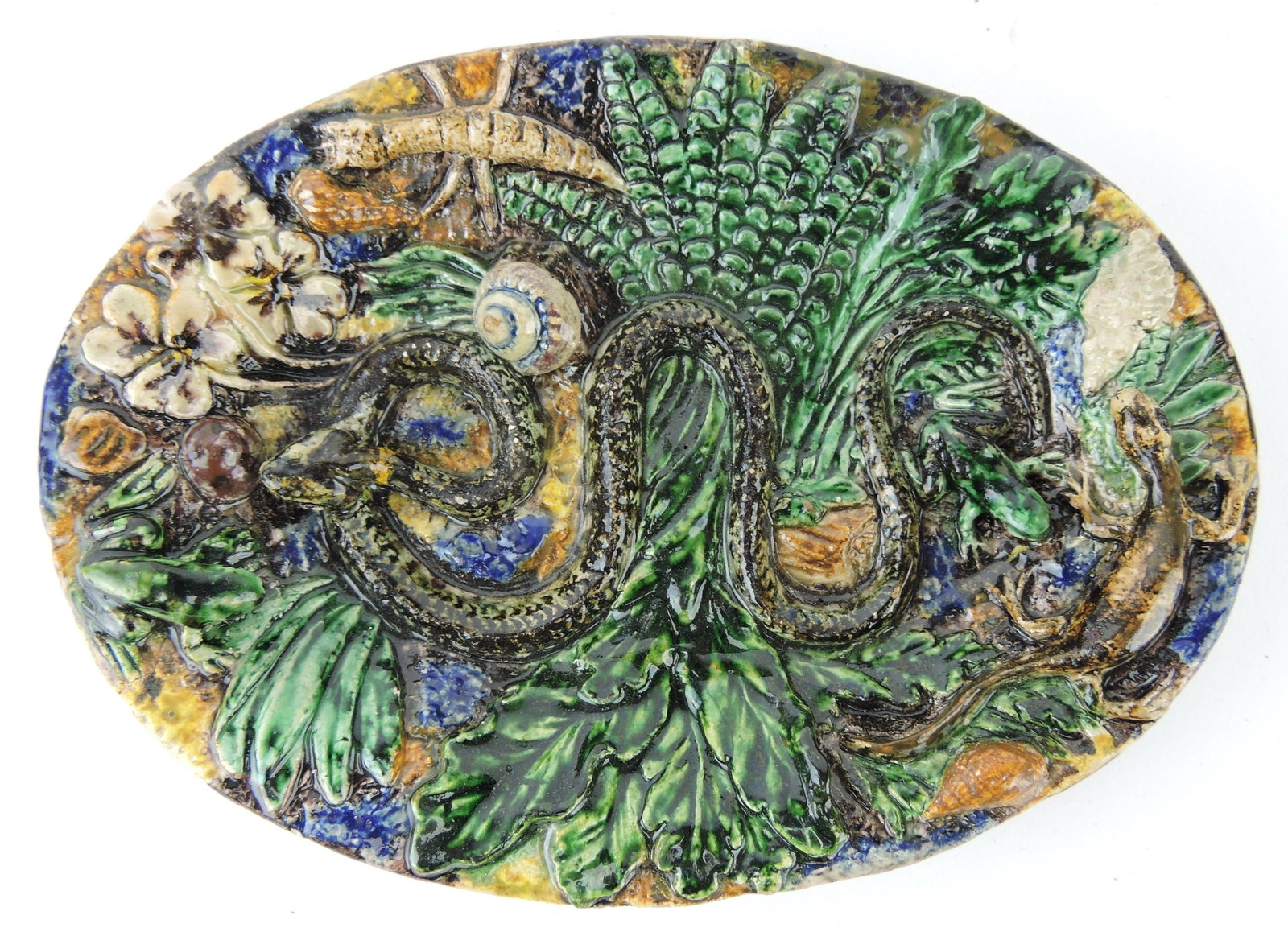 Charles Jean Avisseau Palissy small: oval tray with snake, lizard, frogs, and other creatures and foliage, signed on back, 6 1/4" x 4 1/2"