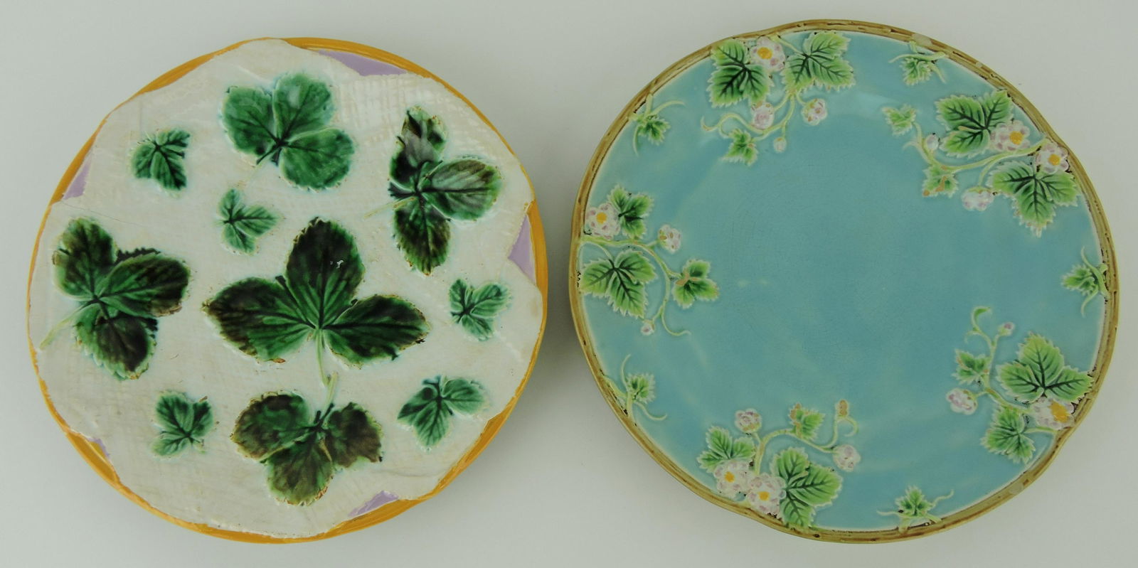 George Jones majolica strawberry: napkin plate with pink ground, 8", AND strawberry blossom 8" plate