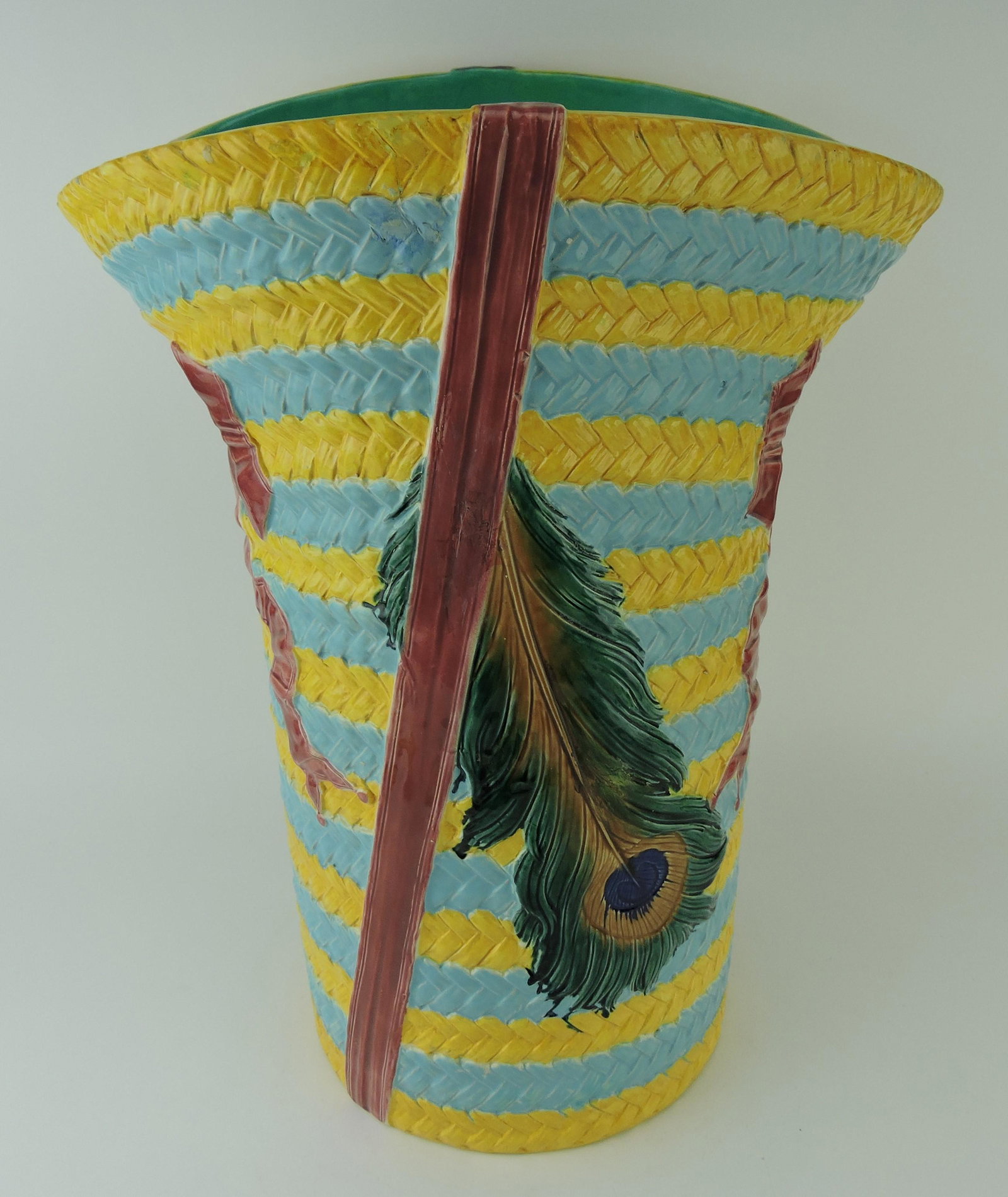 Wedgwood majolica Kate Greenway: umbrella stand, restorations, 22"; reference Majolica Mania Vol 2 p443