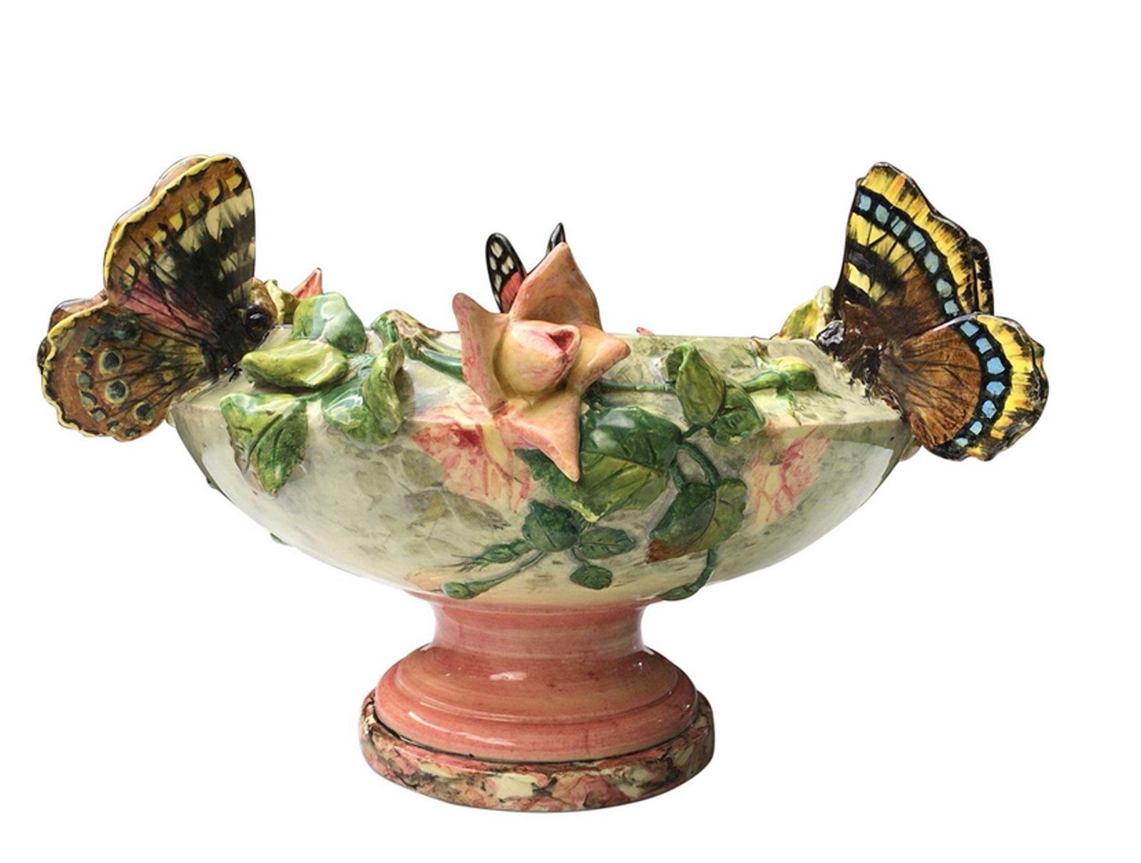A rare Delphin Massier majolica: butterflies jardiniere c.1880, the jardiniere formed as a cream colored Grecian style bowl applied with orchids, all surmounted by three large open winged butterflies; great color and detail, ref. Mas