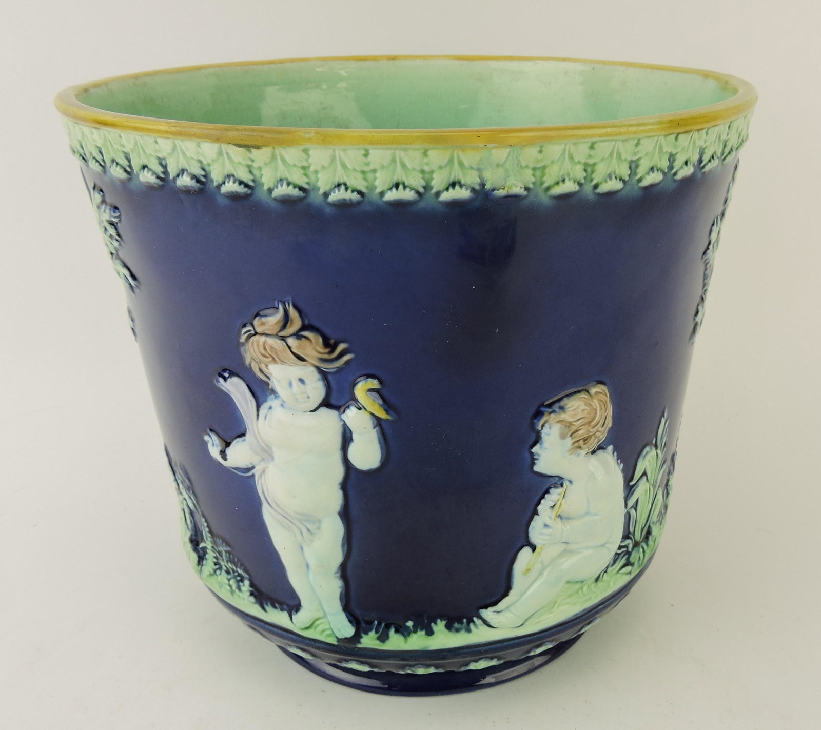 Majolica cobalt cachepot with cherubs (1 of 1)