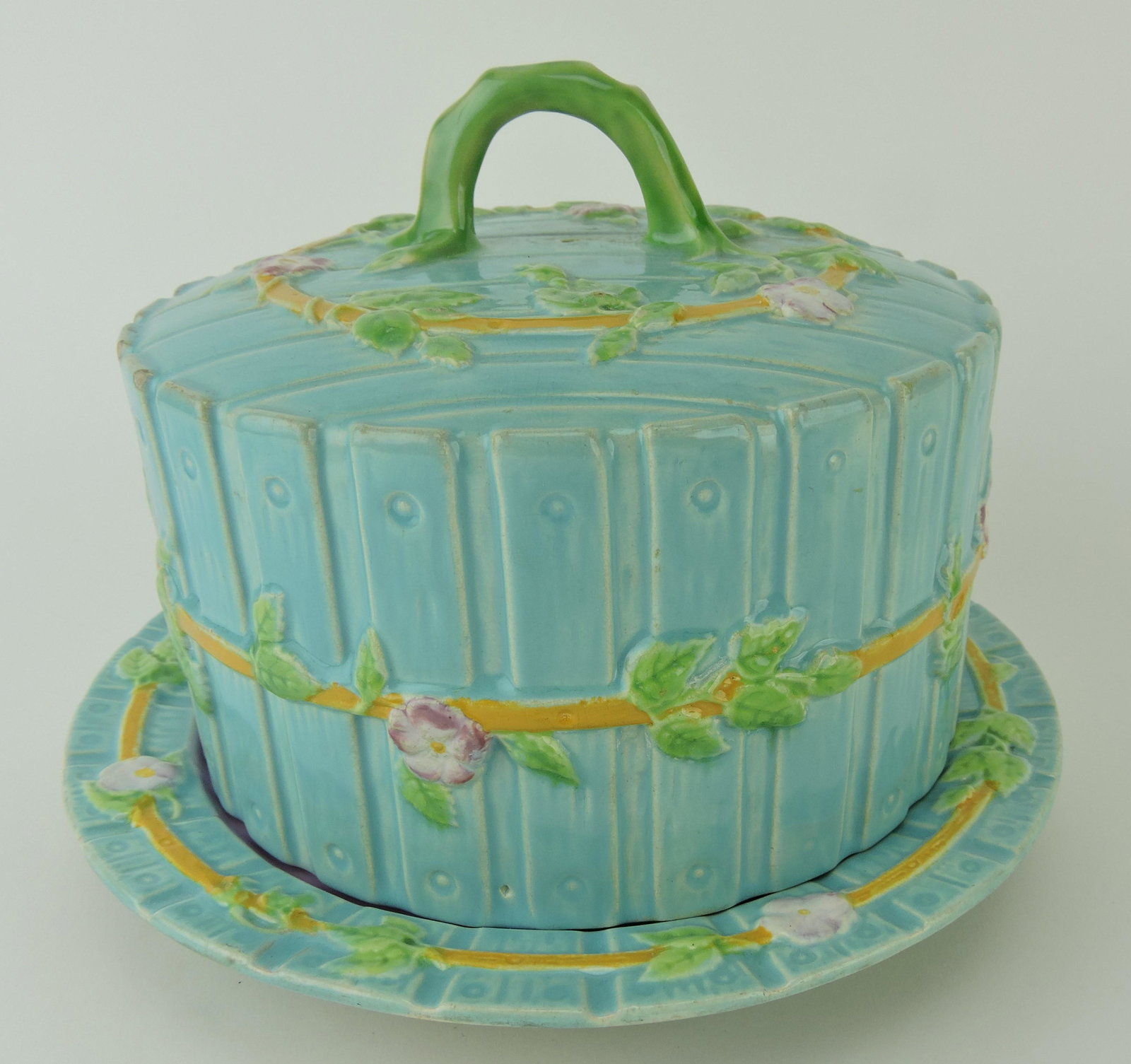 George Jones majolica picket fence: and blossom cheese keeper, turquoise ground, 8"h, 10"d