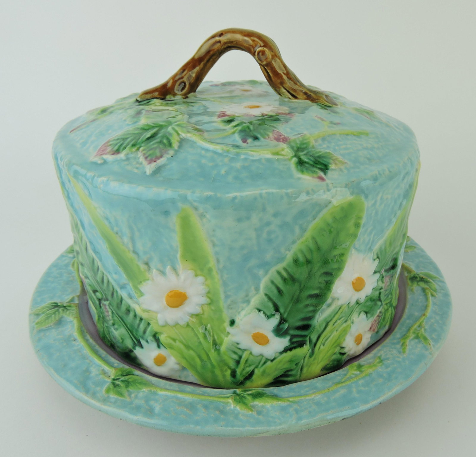 George Jones majolica daisy and: fern cheese keeper with vine handle, 7 1/2"h, 10"d, professional hairline repair to cover, minor hairline to base
