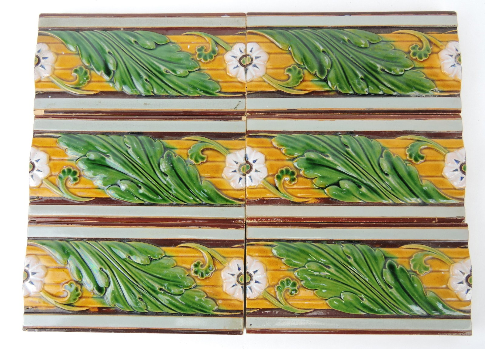 Minton majolica lot of 6 floral tiles,: 6"x3"