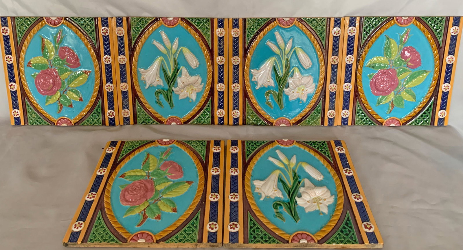 Six rare Minton majolica tiles, three (1 of 5)