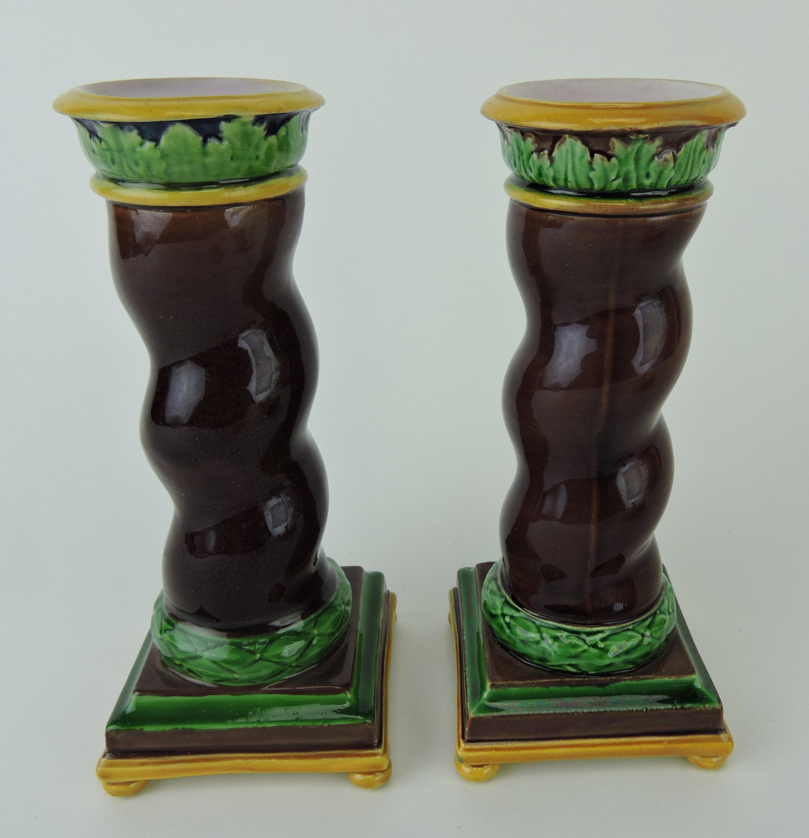 Minton majolica rare pair of swirl: candle sticks, 6 1/2"