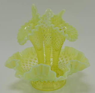 Fenton topaz vaseline opalescent: hobnail three horn epergne, 10"h