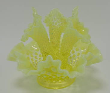 Fenton topaz vaseline opalescent: hobnail three horn epergne, 6 1/2"