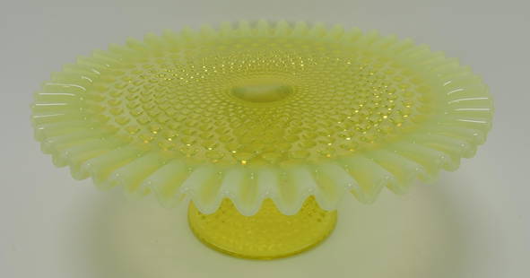 Fenton topaz vaseline opalescent: hobnail cake stand, 12 1/2"d, 5"h