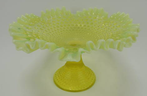 Fenton topaz vaseline opalescent: hobnail ruffled compote, 11 1/2"d, 7"h