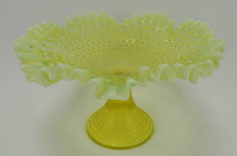 Fenton topaz vaseline opalescent: hobnail ruffled compote, 11 1/2"d, 7"h