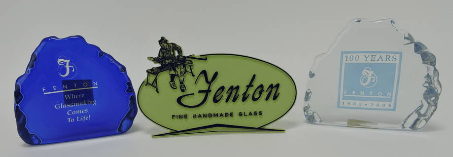 Fenton lot of 3 shelf signs: 2 glass,: 1 plastic