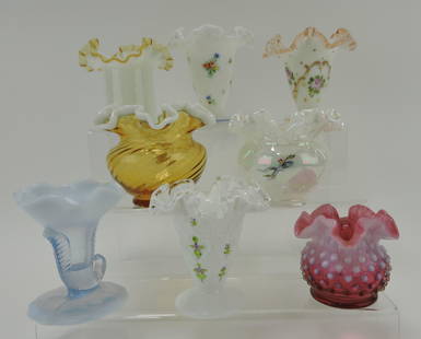 Fenton lot of 8 vases, 3 1/4 to 4 1/2": .