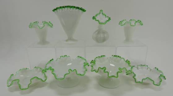 Fenton lot of 8 green crest pieces: .