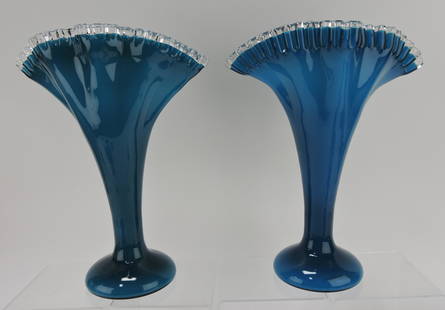 Fenton pair of 13" blue cased silver: crest vases