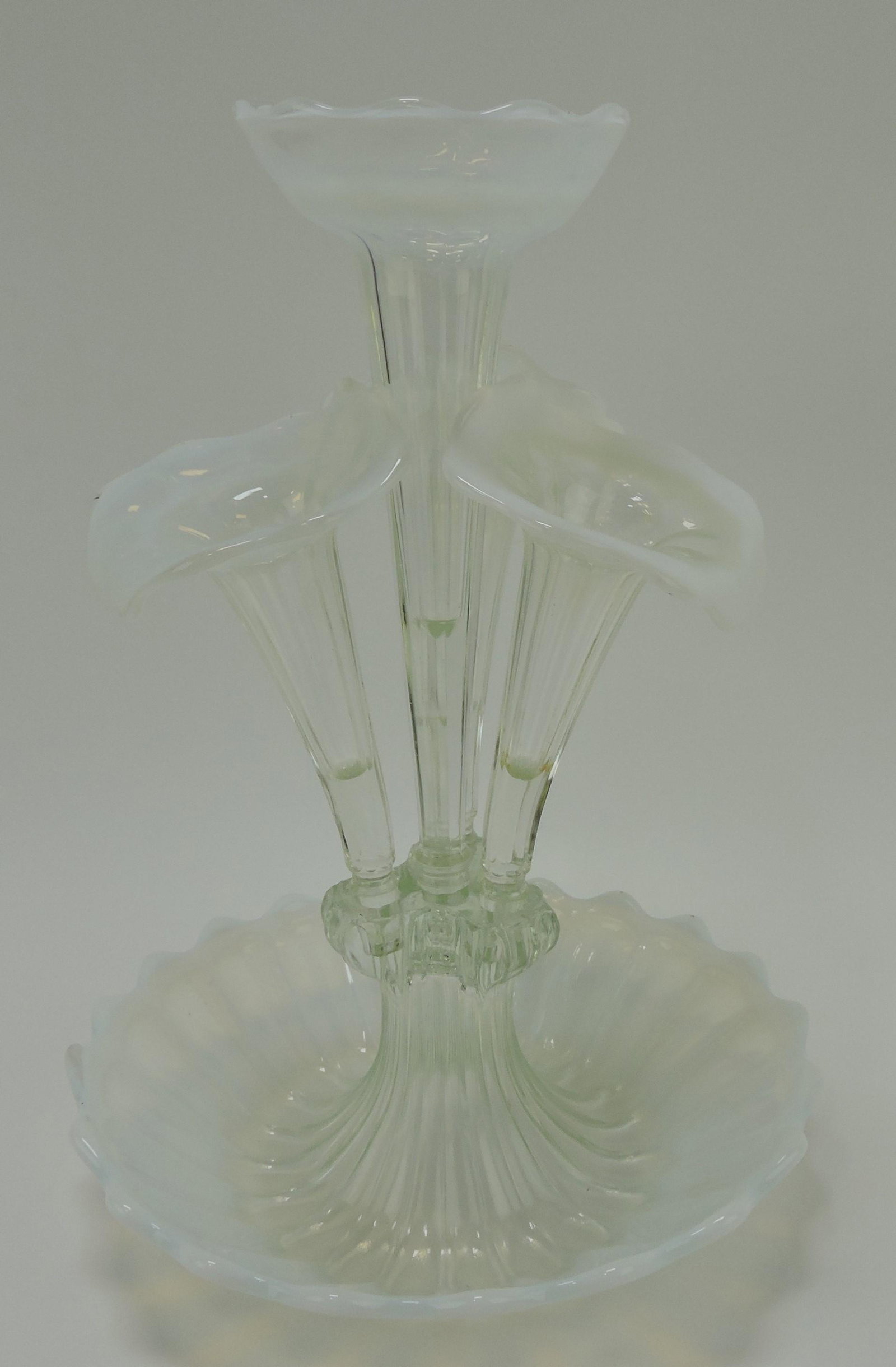 Northwood white opalescent four horn: Wide Panel epergne, 16"h, 10 1/2"d