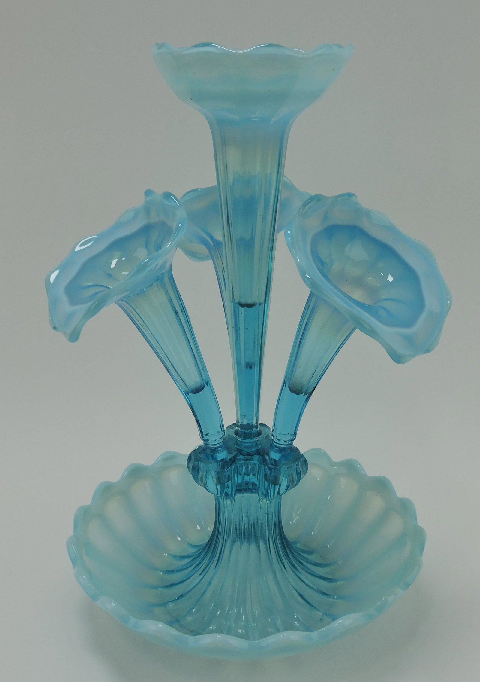 Northwood blue opalescent four horn: Wide Panel epergne, 16"h, 10 1/2"d