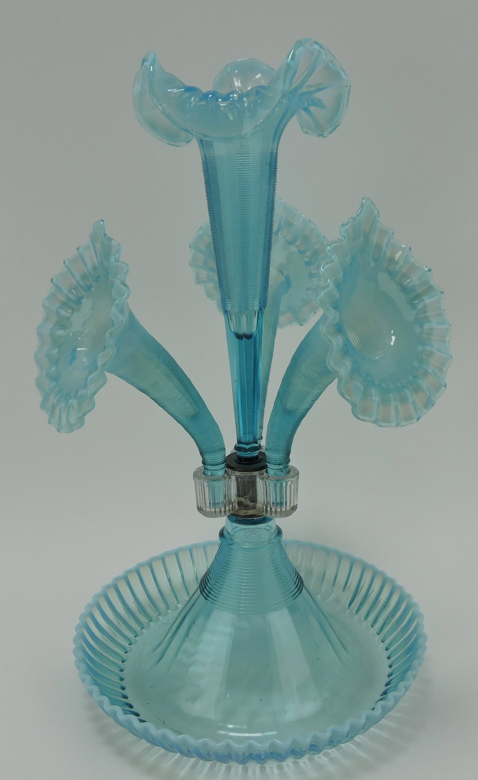 Northwood blue opalescent four horn: epergne, 17 1/2"h, 11"d