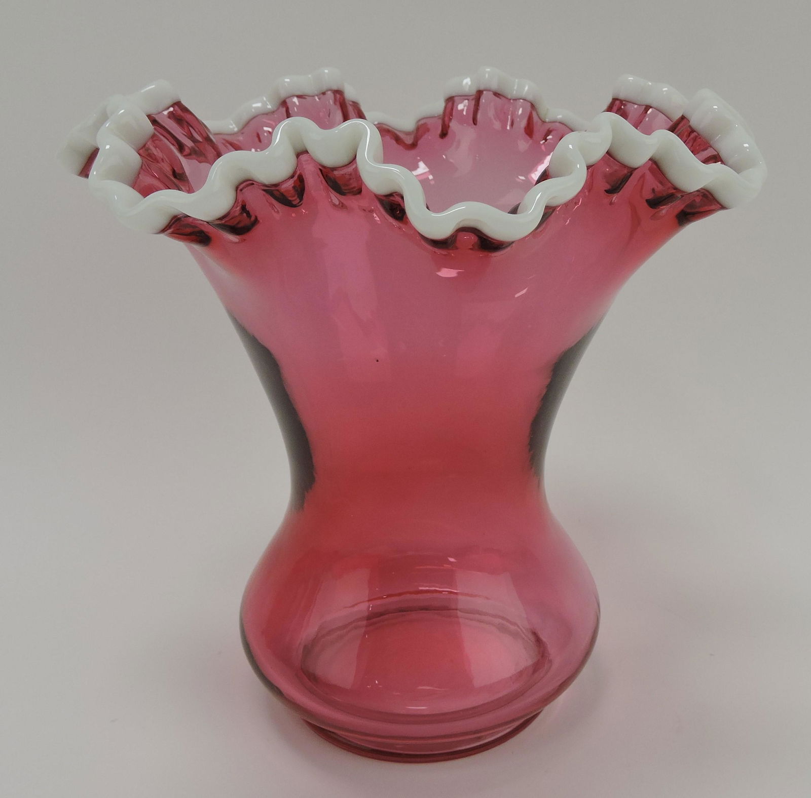 Fenton cranberry 9" vase with white (1 of 1)