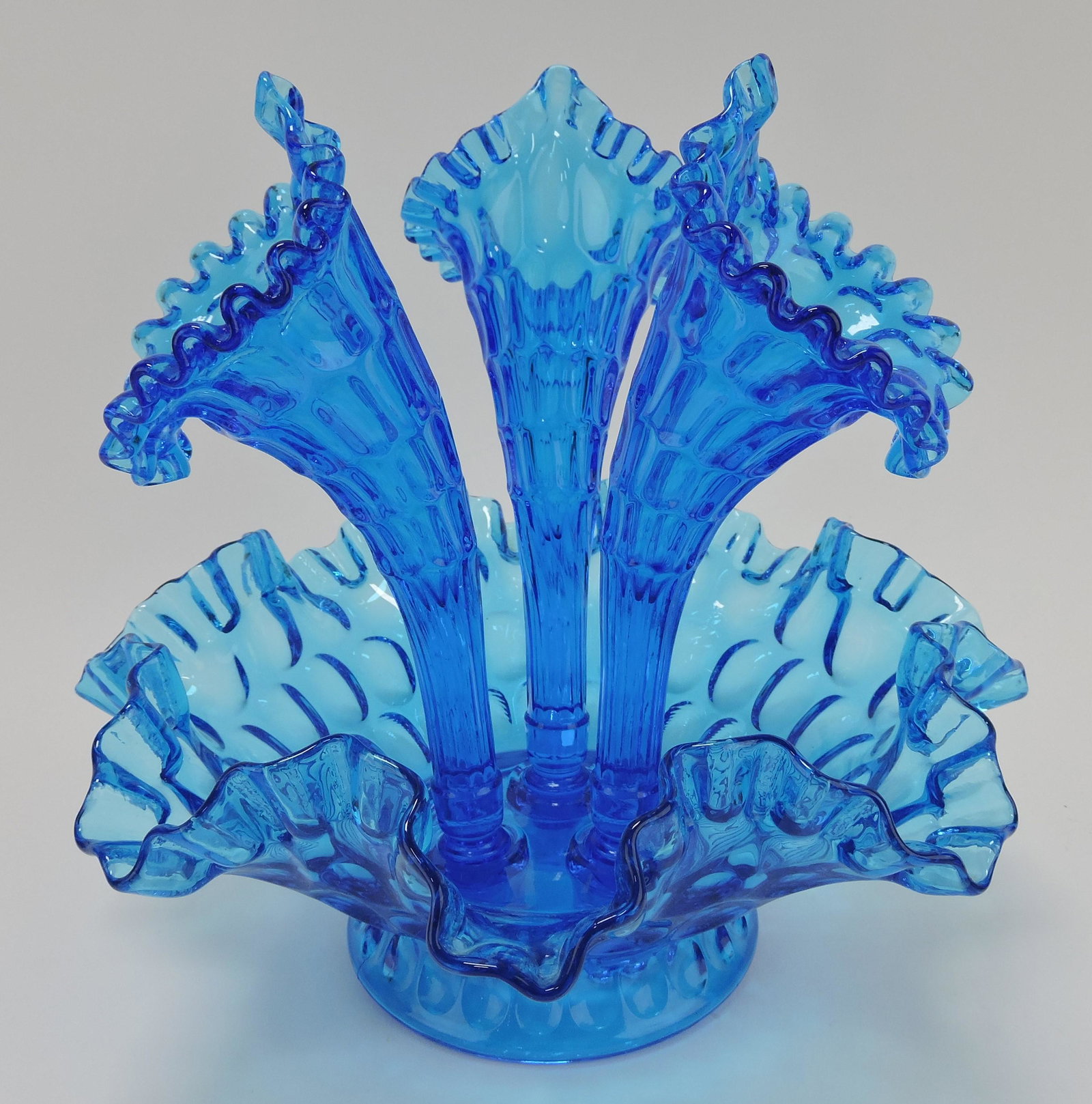 Fenton blue thumbprint three horn: epergne, 9 1/2"