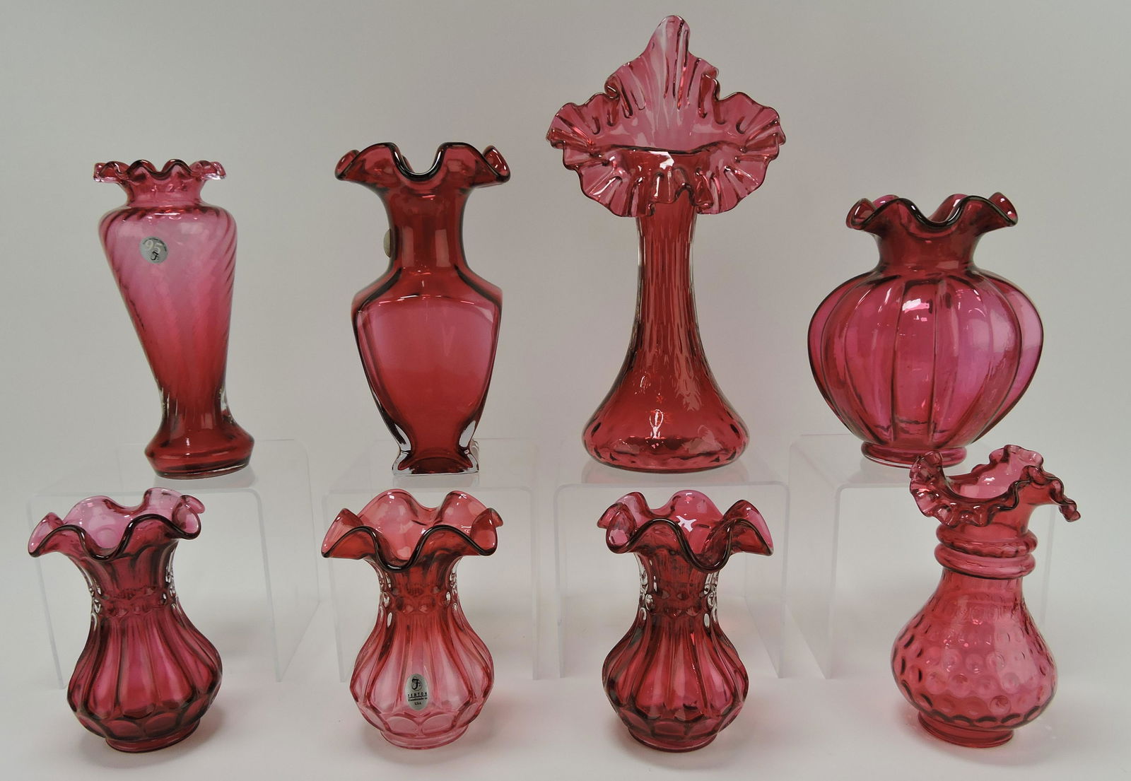Fenton cranberry lot of 8 vases, (1 of 1)