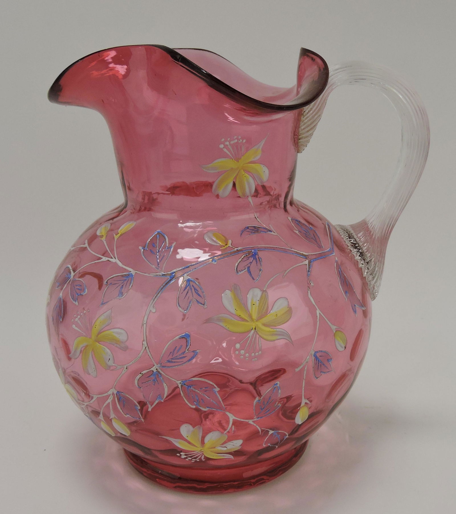 Cranberry floral enamel pitcher, 8 1/2" (1 of 1)