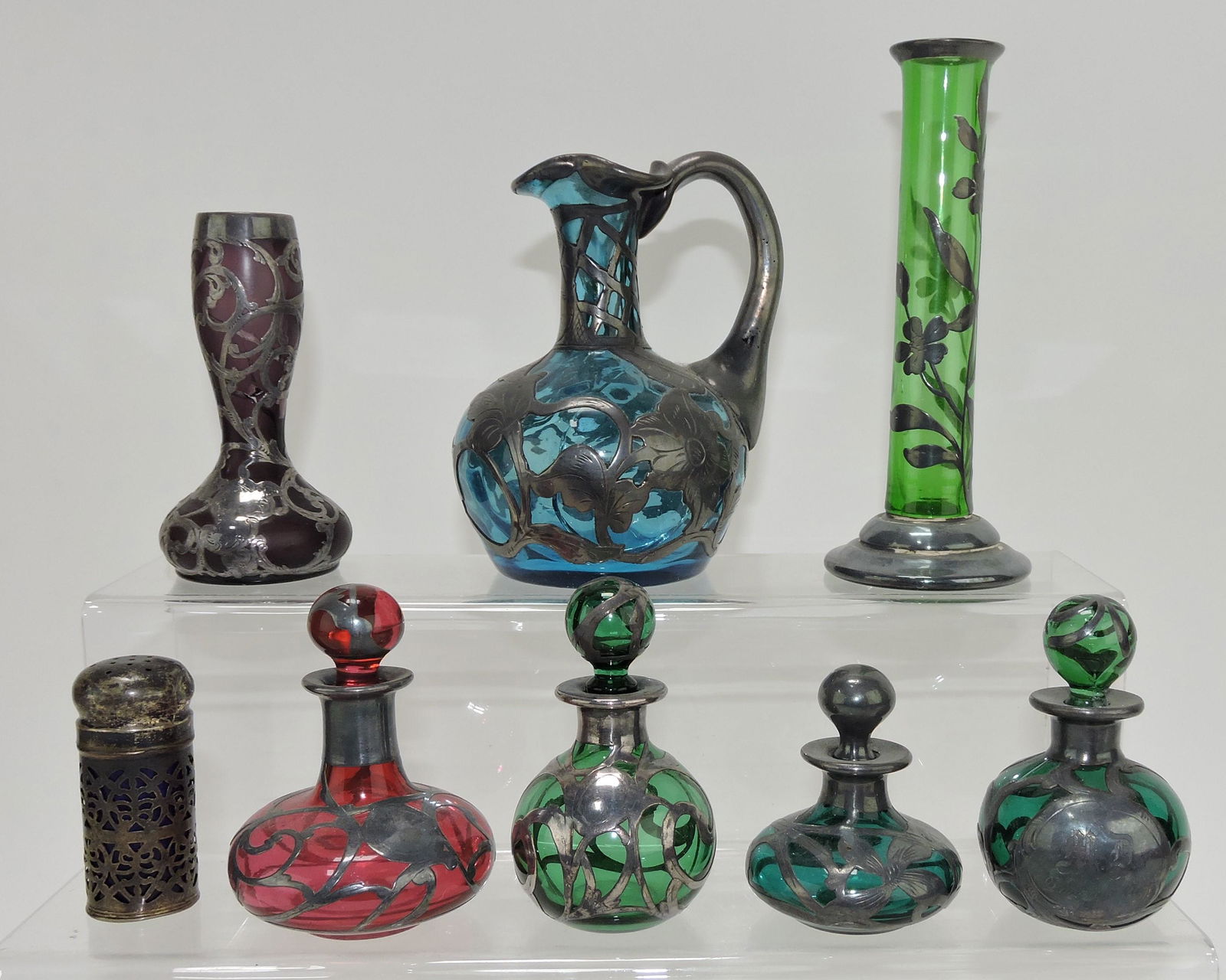 Silver overlay lot of 8 colored glass (1 of 1)