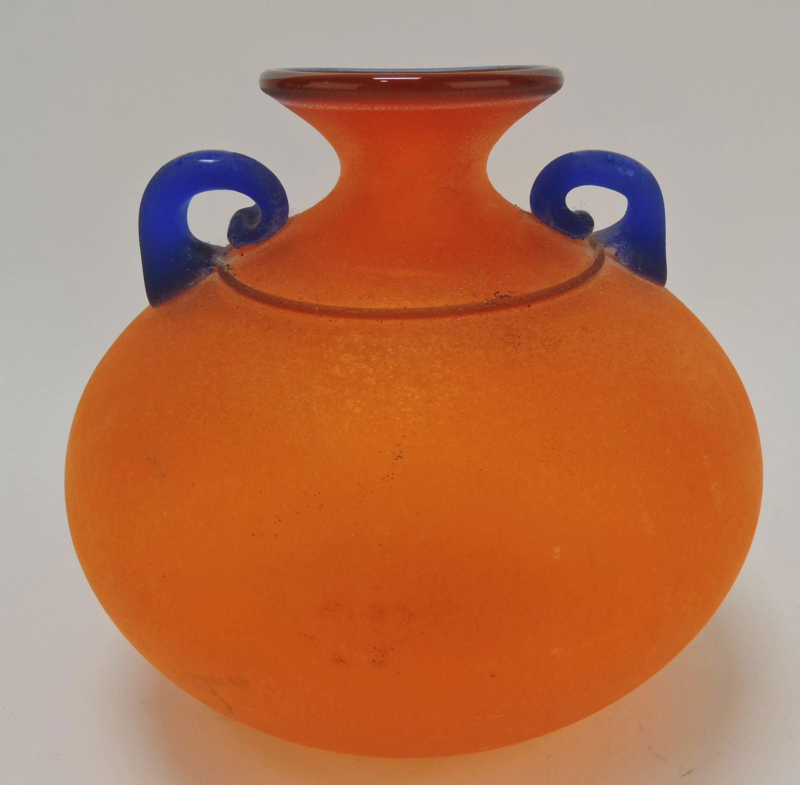 Orange satin art glass vase, 7", signed (1 of 2)